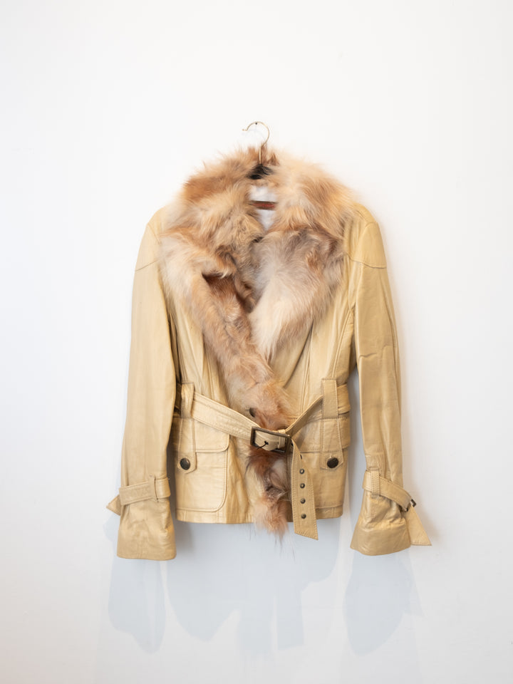 Beige Leathre Jacket with Fur