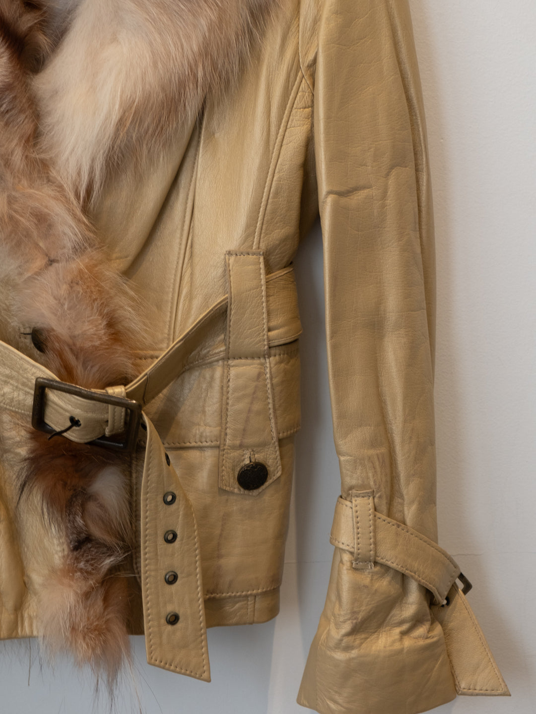 Beige Leathre Jacket with Fur