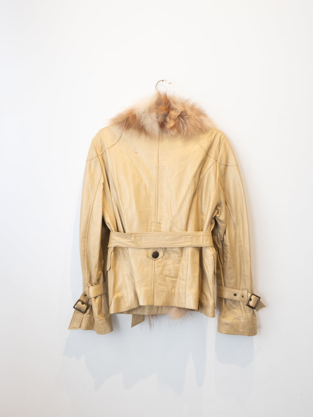 Beige Leathre Jacket with Fur