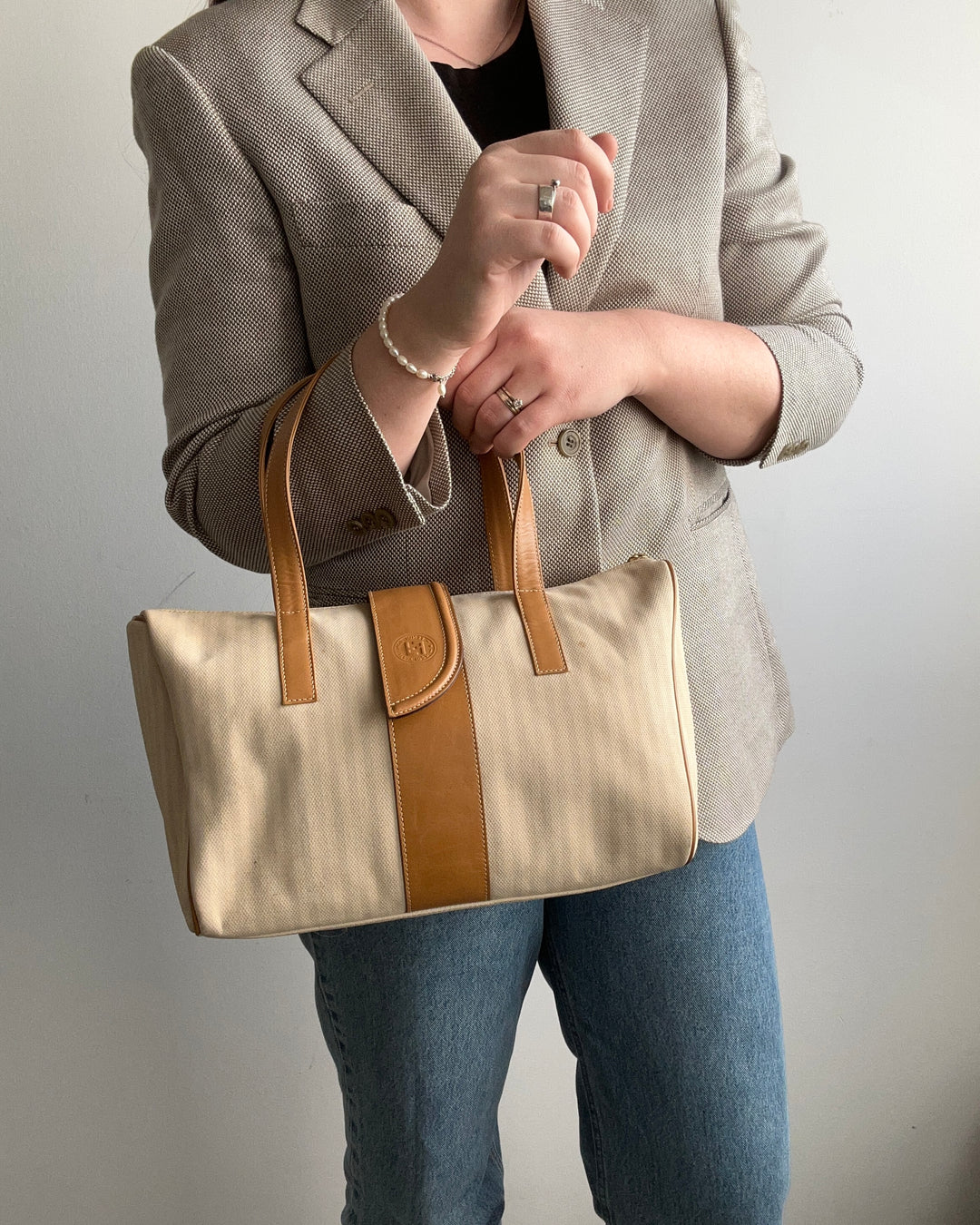 Beige Striped Hand Bag