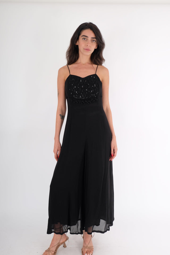שמלה שחורה ארוכה חרוזים מקדימה - Volver